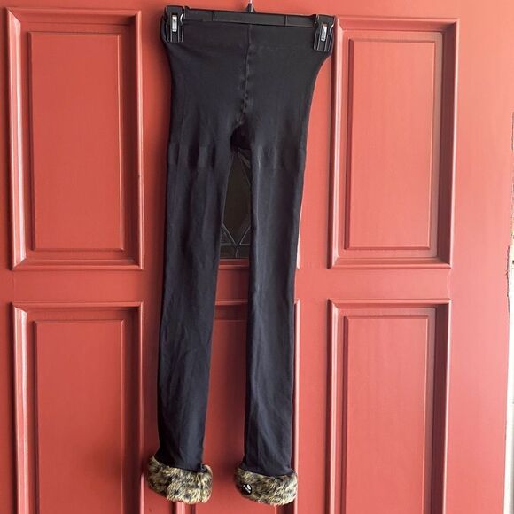 BLACK ANKLE TIGHTS w/leopard faux fur ankles. Halloween or winter wear. NWT - Picture 5 of 9